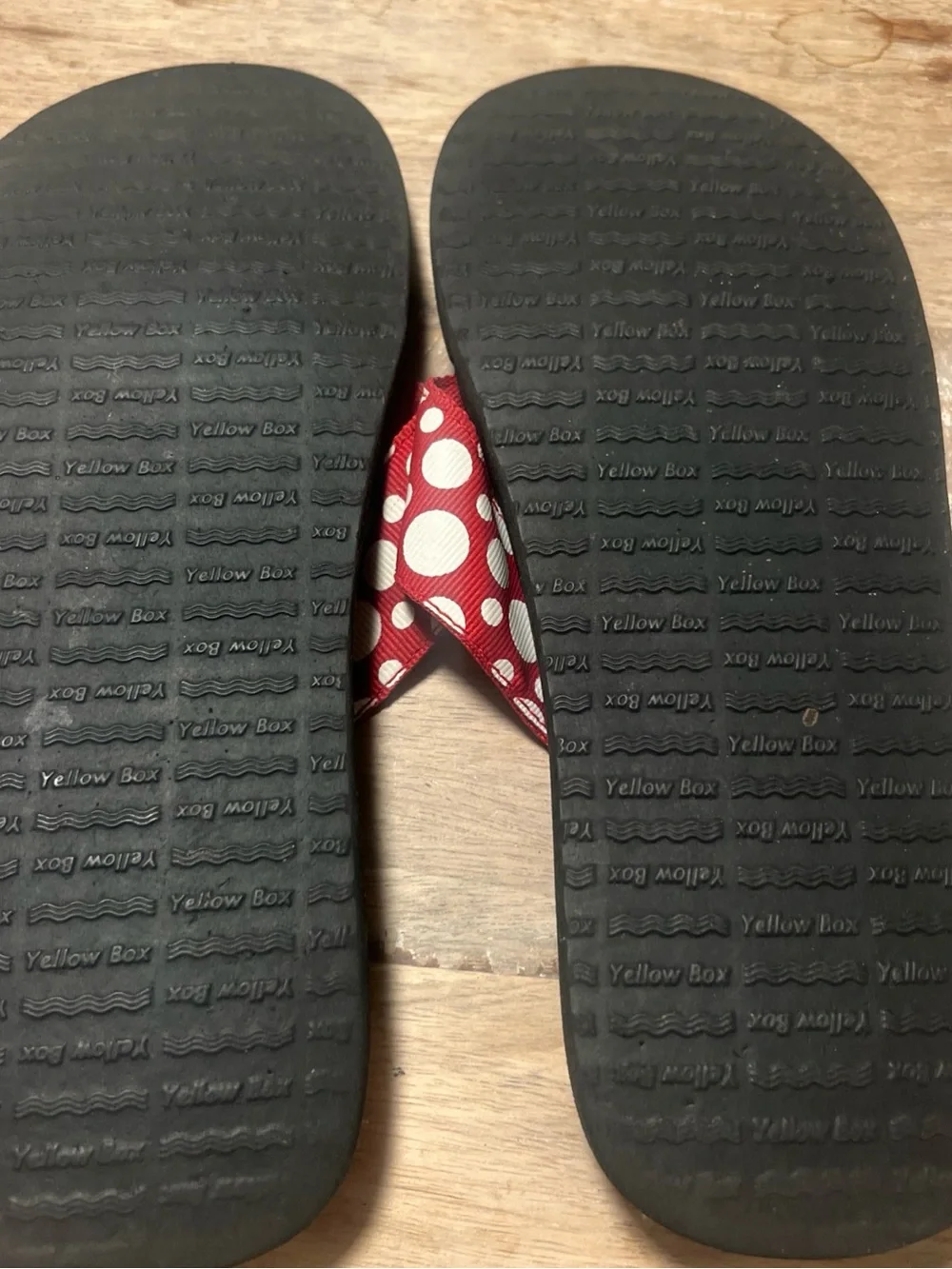 Yellow Box Red and White Polka Dot Thong Sandals with Brown Accent - Picture 7 of 7
